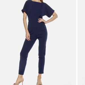 ALEXIA ADMOR Sadie Navy Blue Scuba Crepe V-Back Short Sleeve Jumpsuit SZ XS